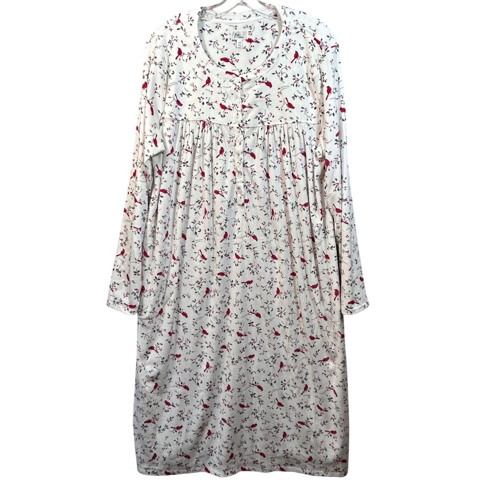 Aria Collection Womens 2X Nightgown Fleece Cardinal Bird Winter White Red Pocket